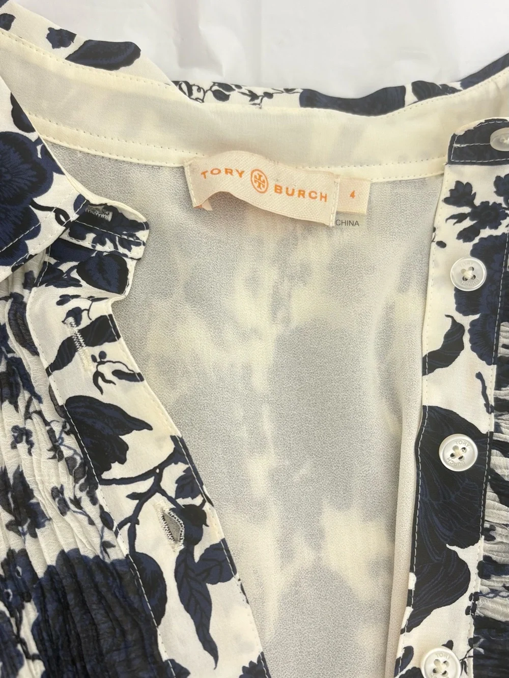 Tory Burch Navy and White Floral Long-Sleeve Shift Dress